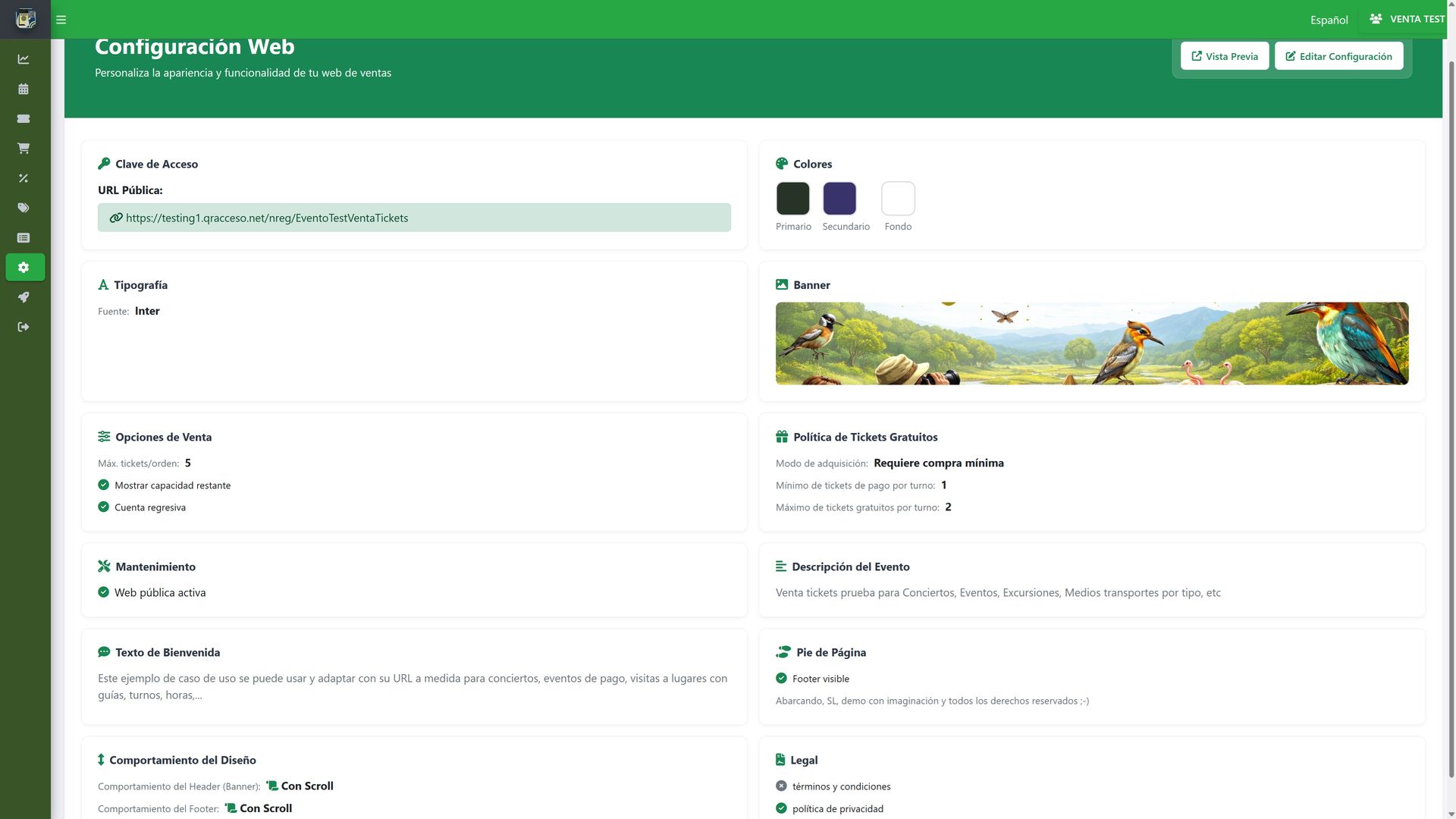 Panel de configiración web de venta de entradas Panel de configiración web de venta de entradas