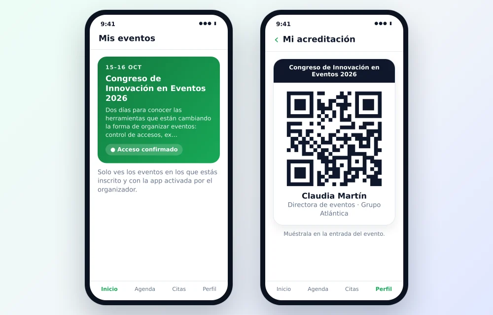 Pantallas de la app: mis eventos y acreditación con QR