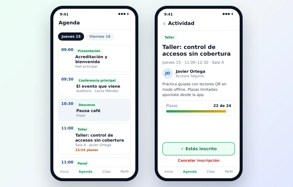 Agenda del día y detalle de un taller con plazas