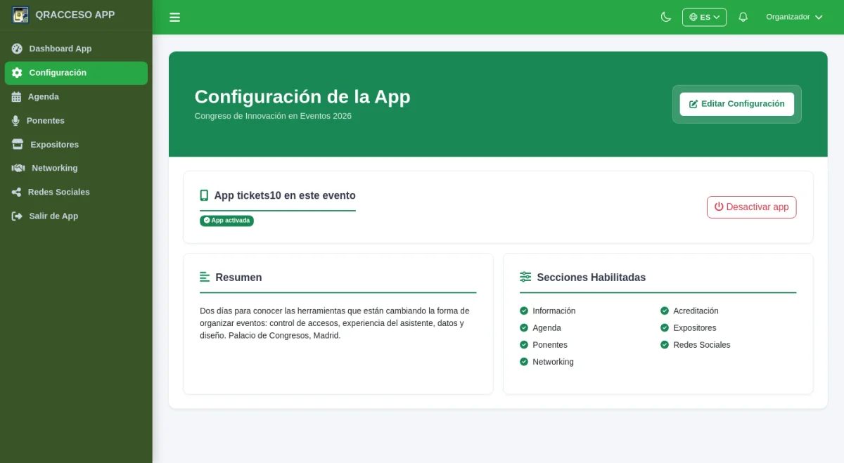 Activación de la app y secciones habilitadas