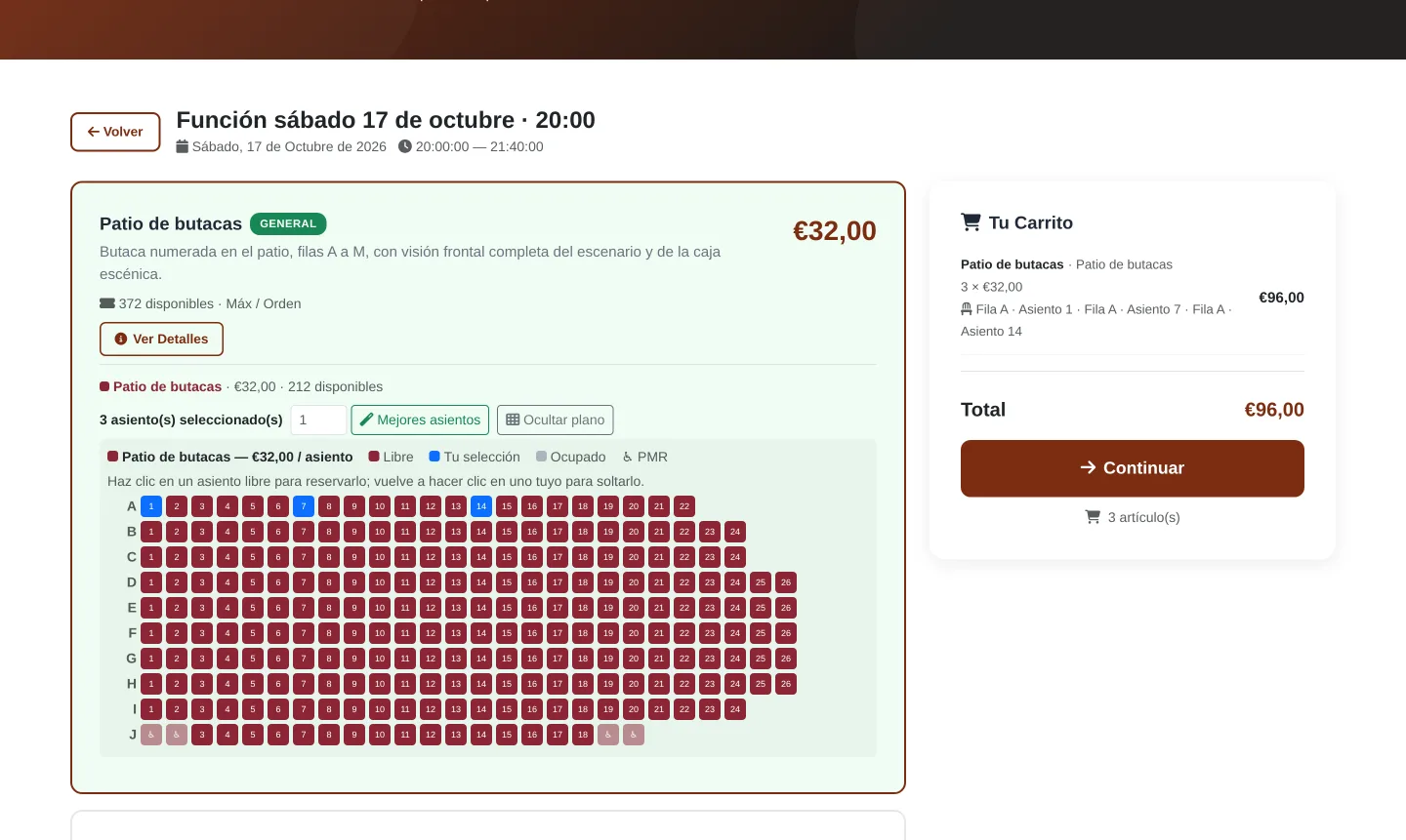 Mapa de butacas de un teatro en la tienda pública de QRACCESO: filas A a J, plazas PMR y tres butacas seleccionadas con su total en el carrito