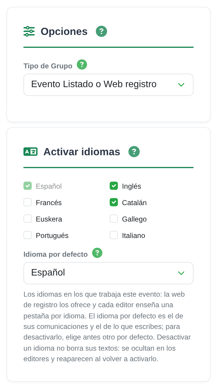 Sección «Activar idiomas» de Crear grupo, con Español fijo como idioma por defecto e Inglés y Catalán marcados
