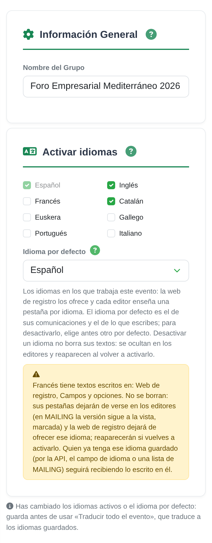 Editar grupo con Francés desmarcado y el aviso de que tiene textos escritos en Web de registro y en Campos y opciones