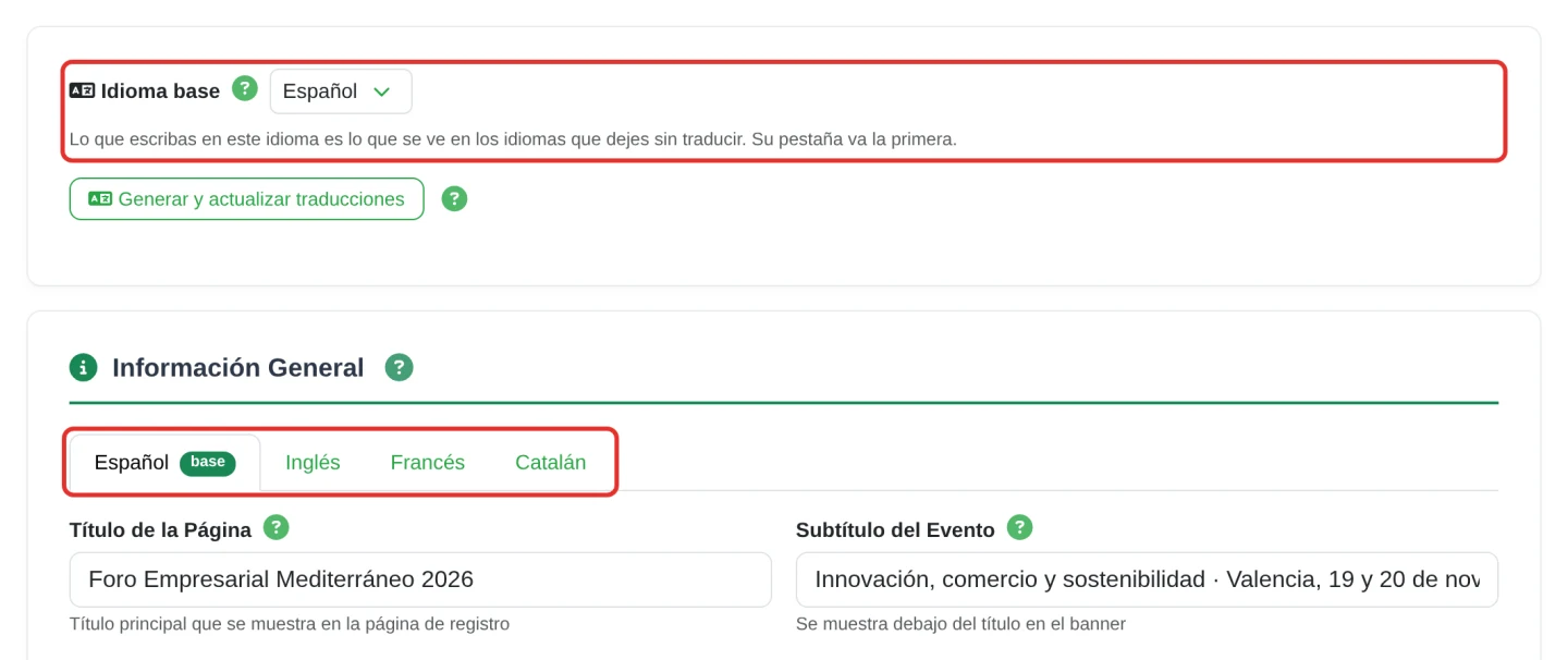 Editor de la web: el selector «Idioma base» en Español y las pestañas Español (base), Inglés, Francés y Catalán