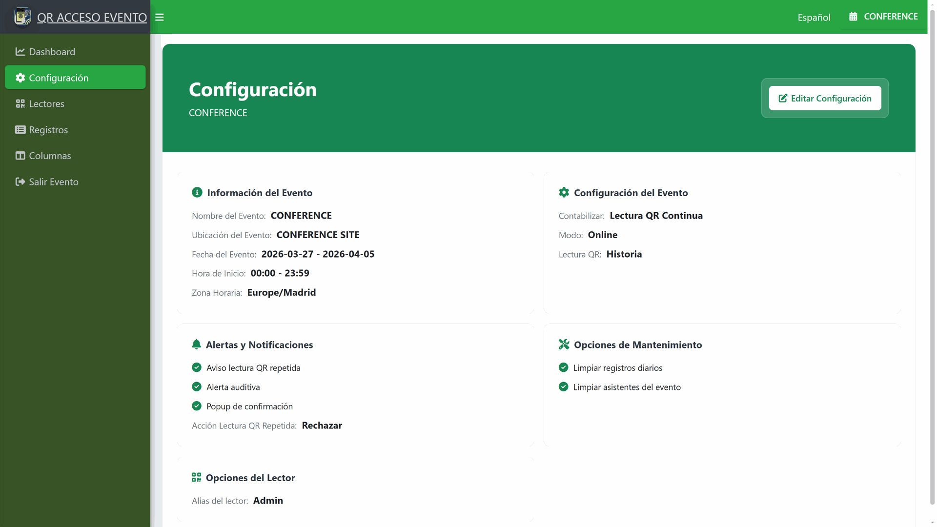 Configurar evento Configurar evento